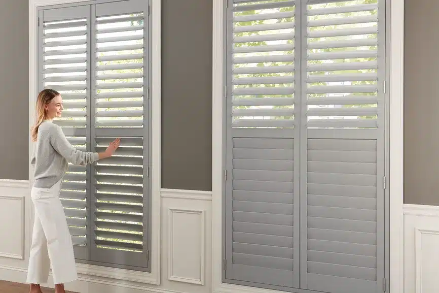 Plantation shutters updating a Chantilly colonial dining room