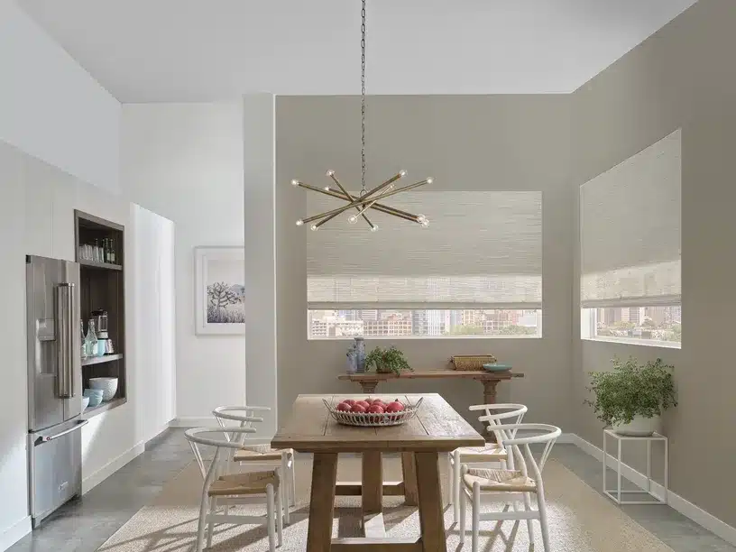 Woven wood shades in a Clifton estate dining room